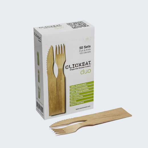 Set de 50 Cubiertos con Cuchillo y Tenedor de Madera Compostable